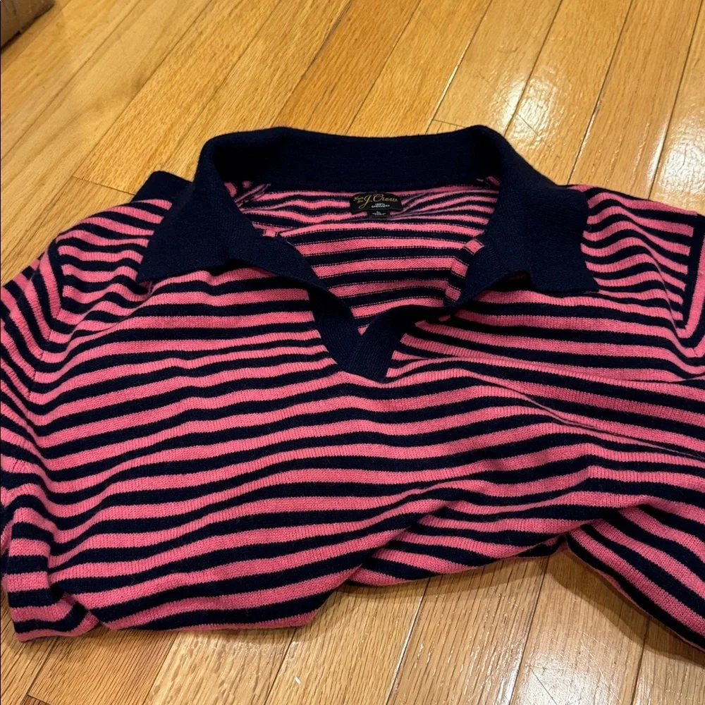 J.Crew Pink And Blue Striped Cashmere Johnny Collar Short Sleeve Top L